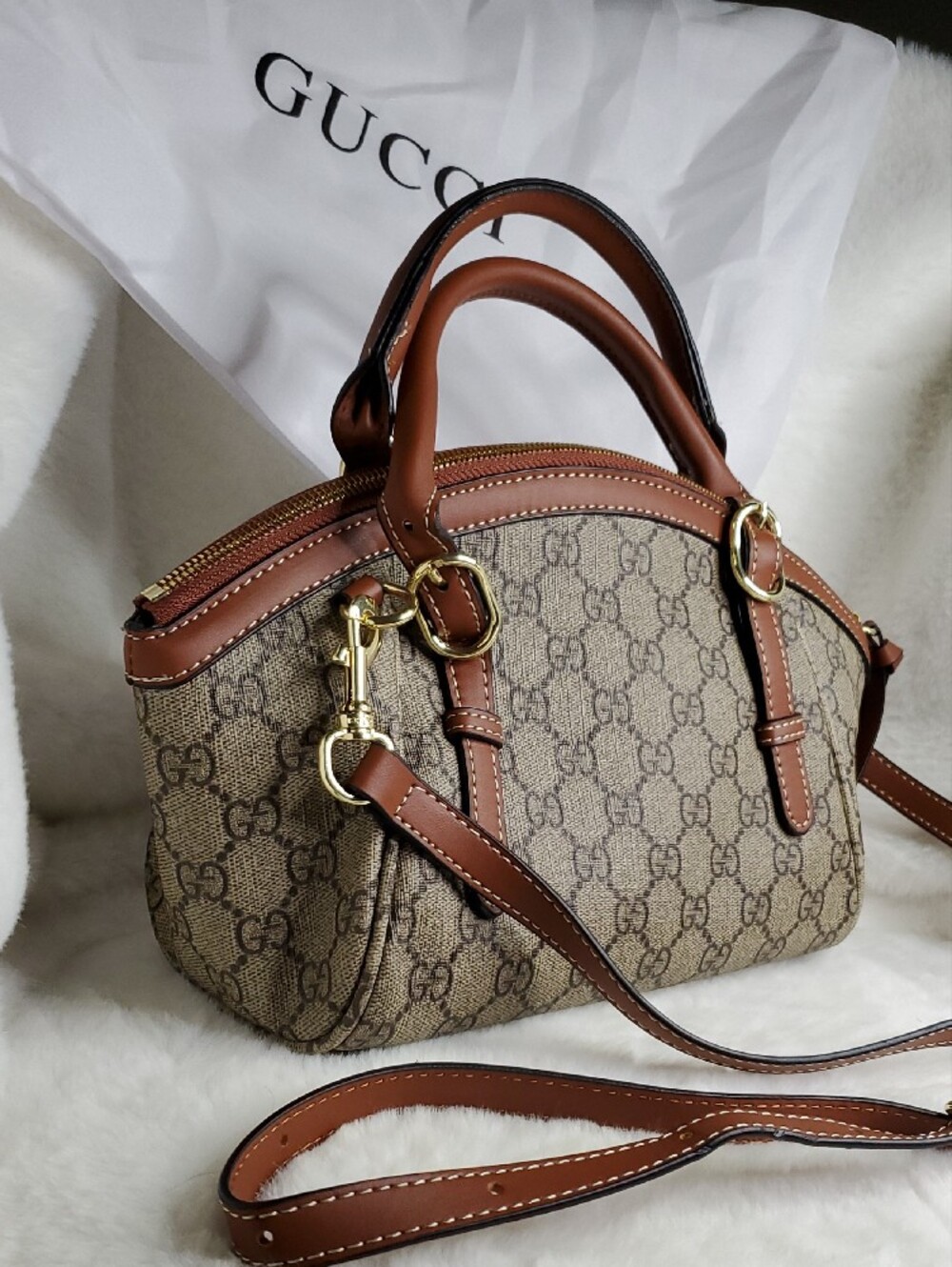 GG Collection Brown GG Monogram Crossbody Satchel with Tan Trim - Picture 4 of 11
